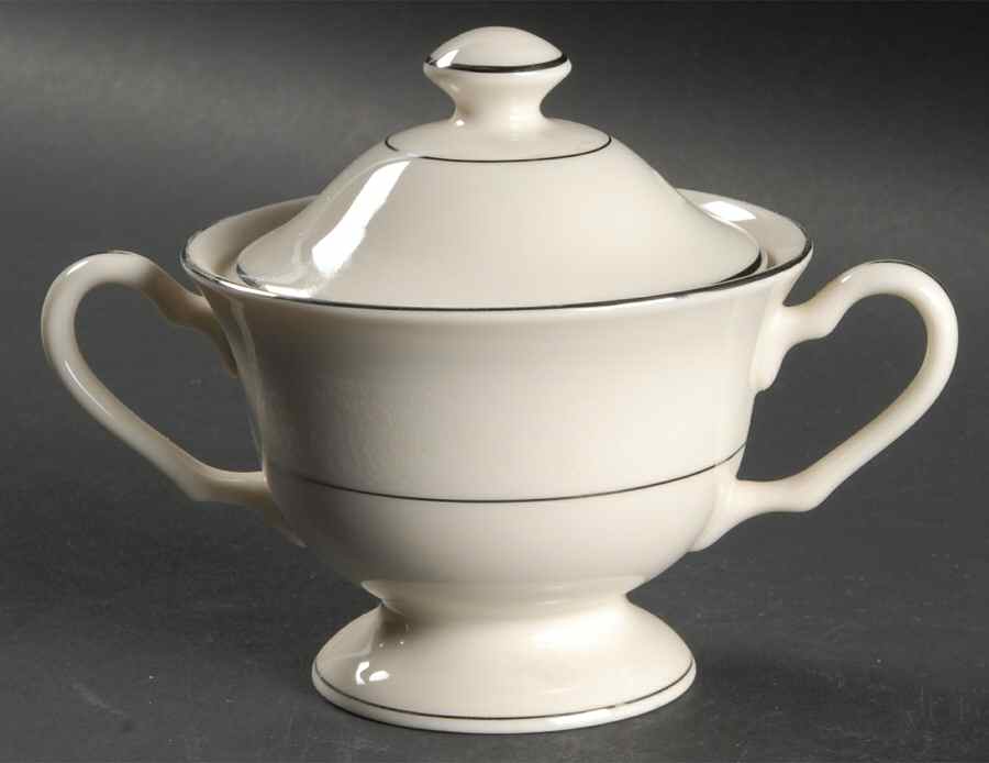 Venetia (Cream, Thin Platinum Trim) Sugar Bowl & Lid by Pickard-1
