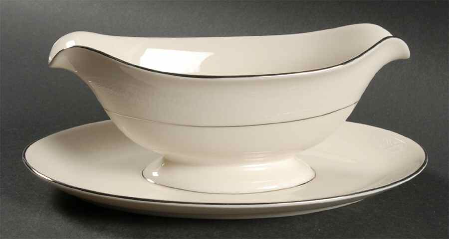 Venetia (Cream, Thin Platinum Trim) Gravy Boat with Attached Underplate by Pickard-1