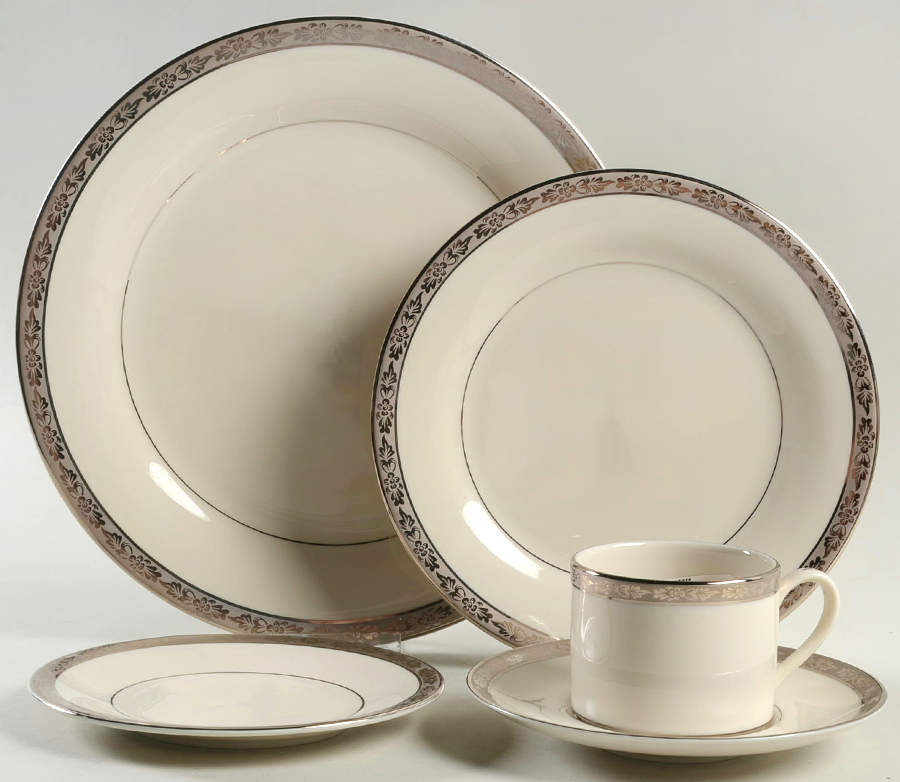 Venetian (White, Wide Platinum Encrusted Band) 5 Piece Place Setting by Pickard-1