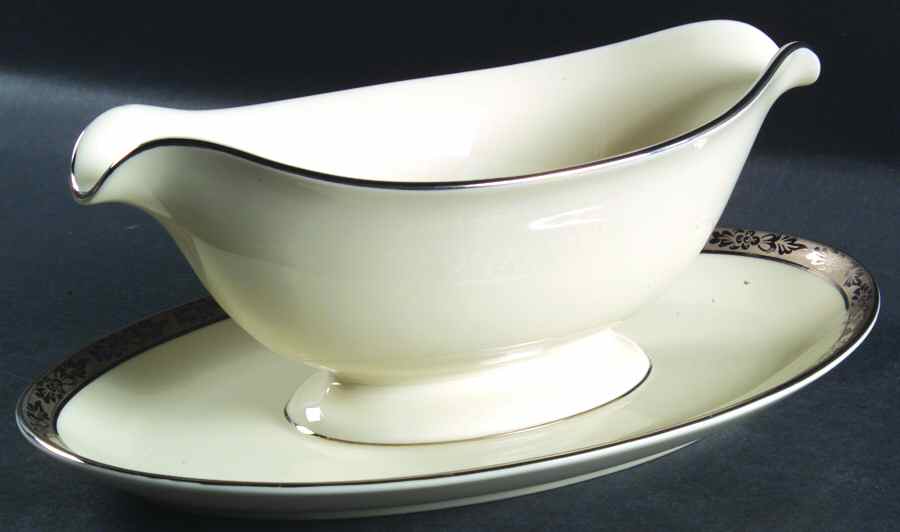 Venetian (White, Wide Platinum Encrusted Band) Gravy Boat with Attached Underplate by Pickard-1