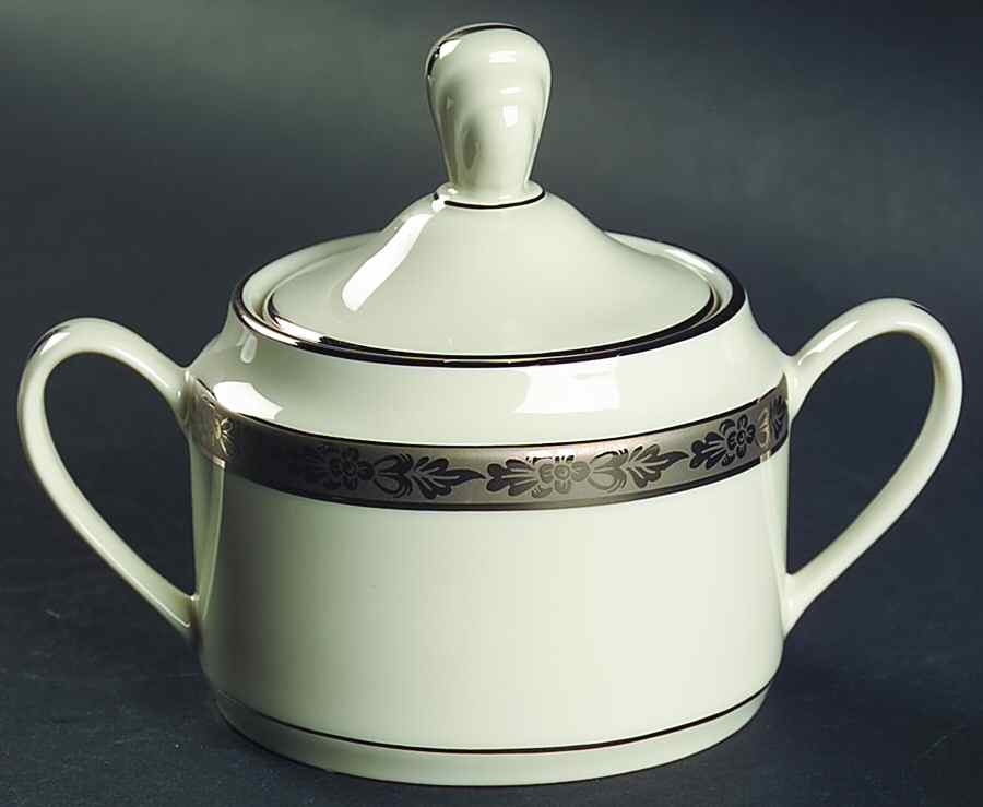 Venetian (White, Wide Platinum Encrusted Band) Sugar Bowl & Lid by Pickard-1