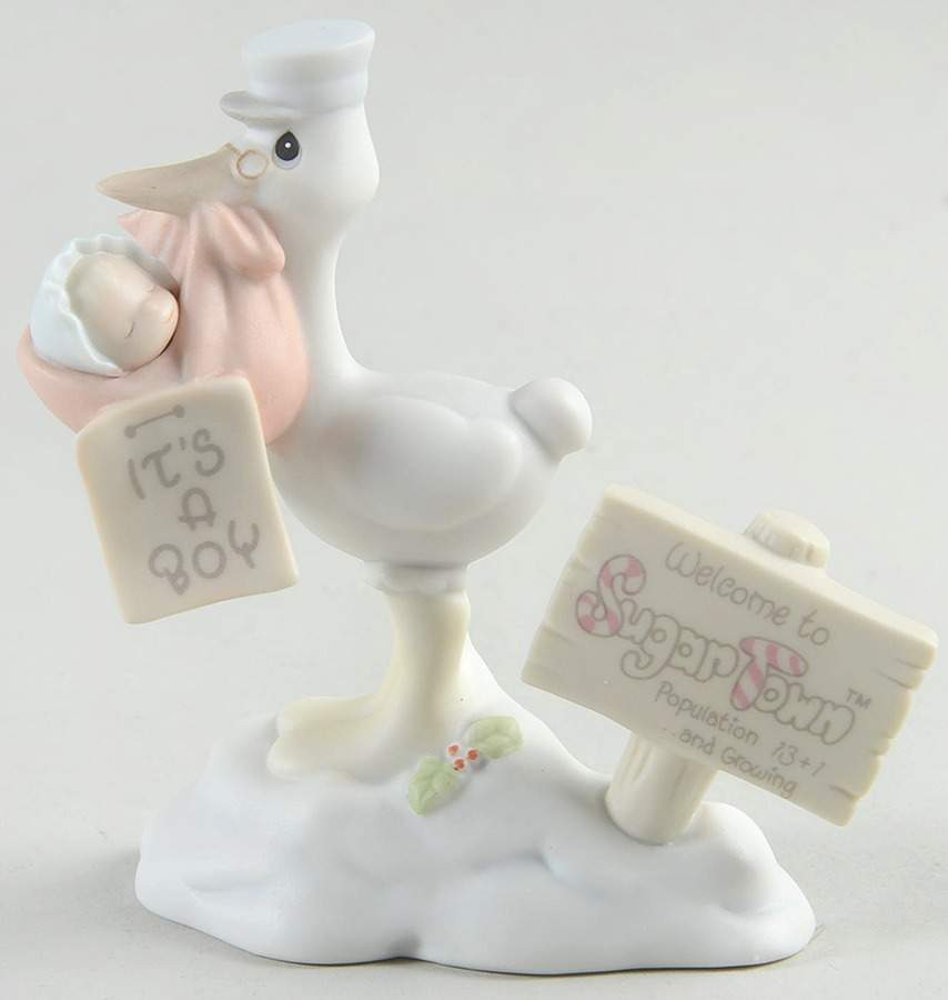 Sugar Town Figurines & Houses Trumpet-Stork With Baby Sam-Pop Sign #3 - Trumpet Trademark, No Box by Precious Moments-1