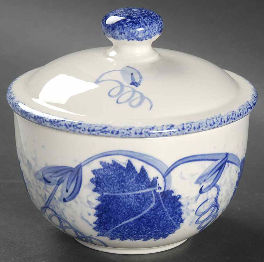 Blue Leaf Sugar Bowl & Lid by Poole Pottery-1