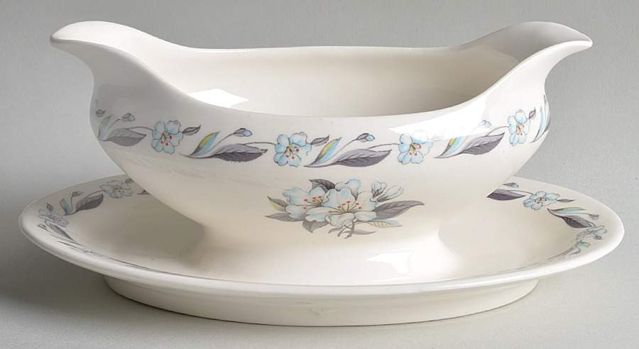 Blue Azalea Gravy Boat with Attached Underplate by Pope Gosser-1
