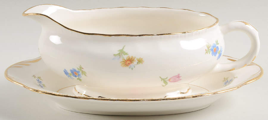Pinafore (Brushed Gold Trim) Gravy Boat & Underplate/Relish by Pope Gosser-1