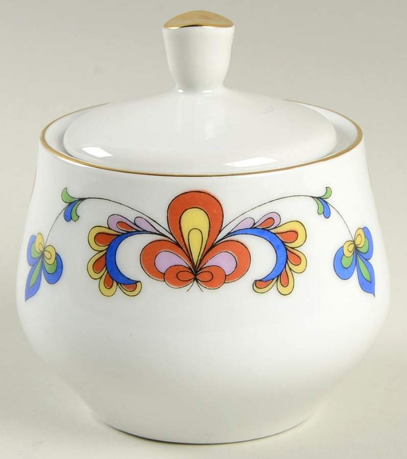 Farmer's Rose (Rim, Gold Trim) Sugar Bowl & Lid by Porsgrund-1