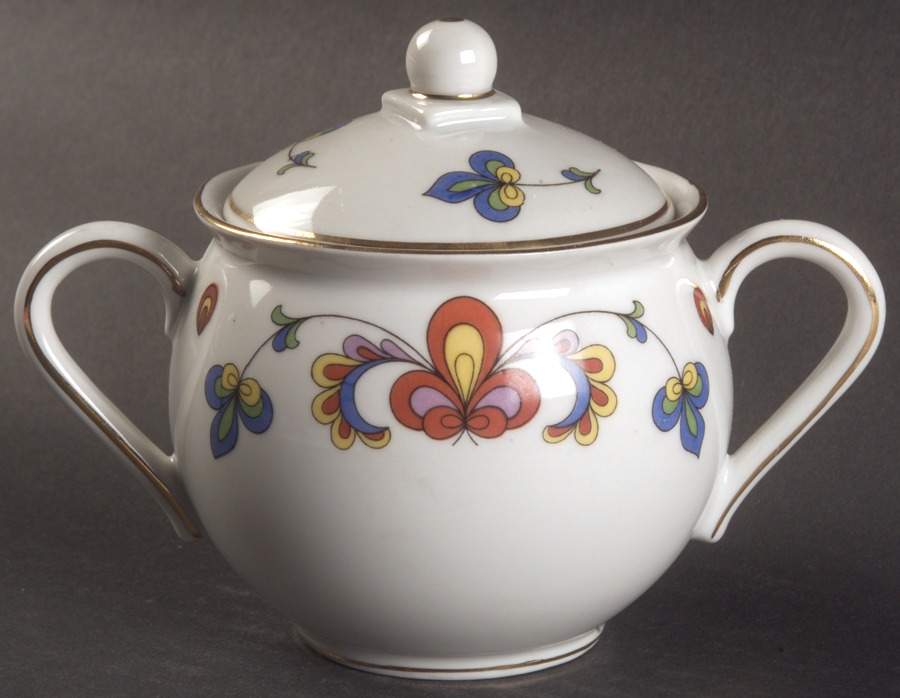 Farmer's Rose (Rim, Gold Trim) Sugar Bowl & Lid by Porsgrund-1
