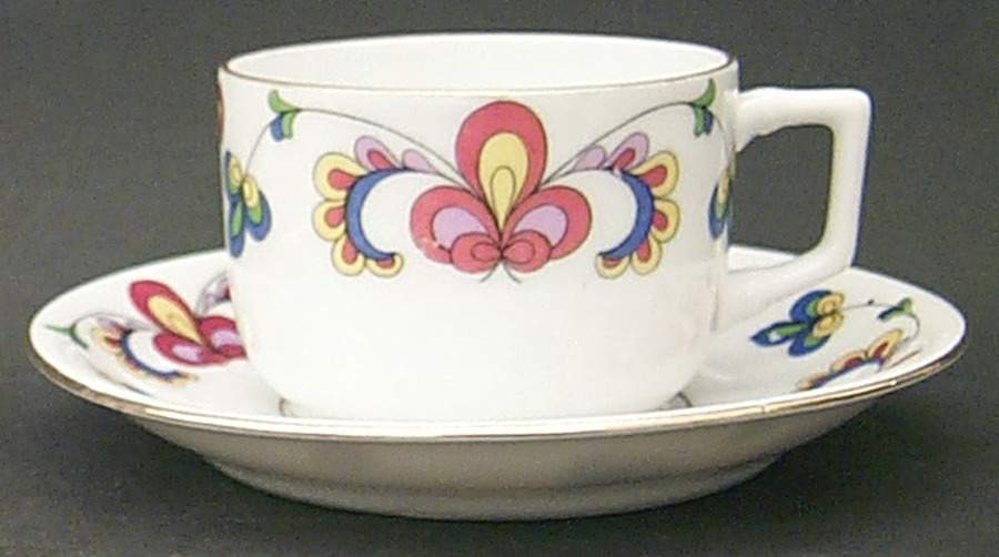 Farmer's Rose (Rim, Gold Trim) Flat Demitasse Cup & Saucer Set by Porsgrund-1