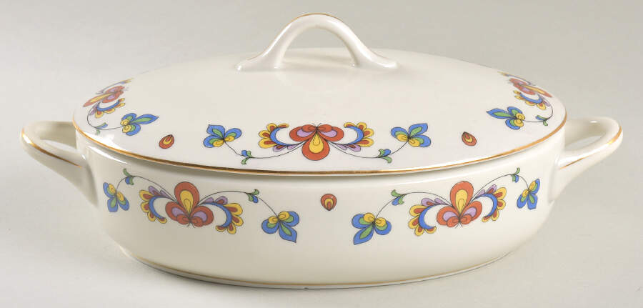 Farmer's Rose (Rim, Gold Trim) Oval Covered Vegetable by Porsgrund-1