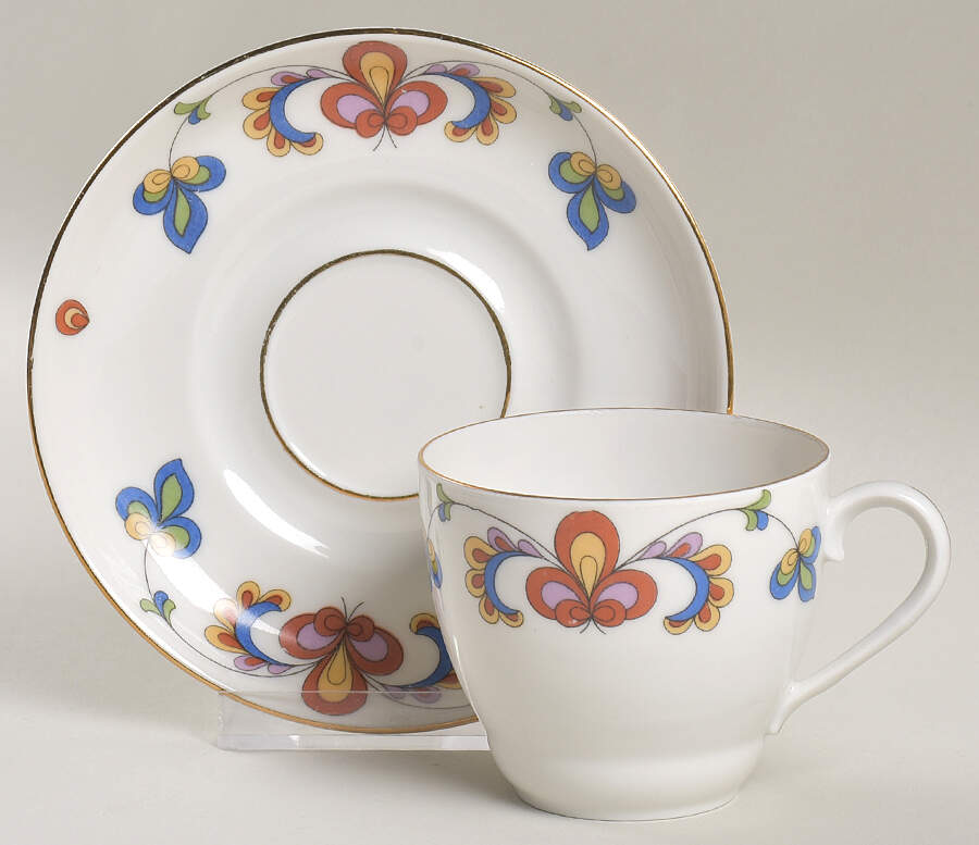 Farmer's Rose (Rim, Gold Trim) Flat Cup & Saucer Set by Porsgrund-1