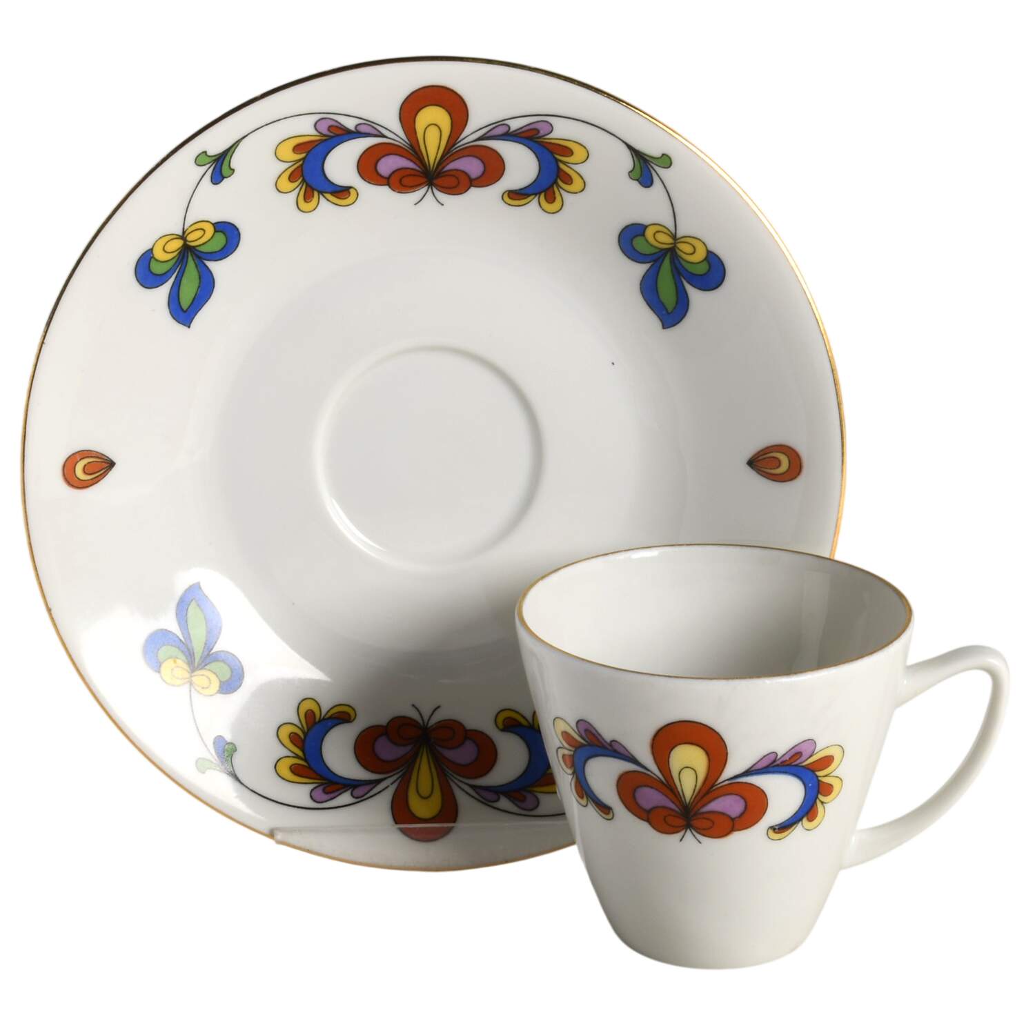 Farmer's Rose (Rim, Gold Trim) Flat Demitasse Cup & Saucer Set by Porsgrund-1