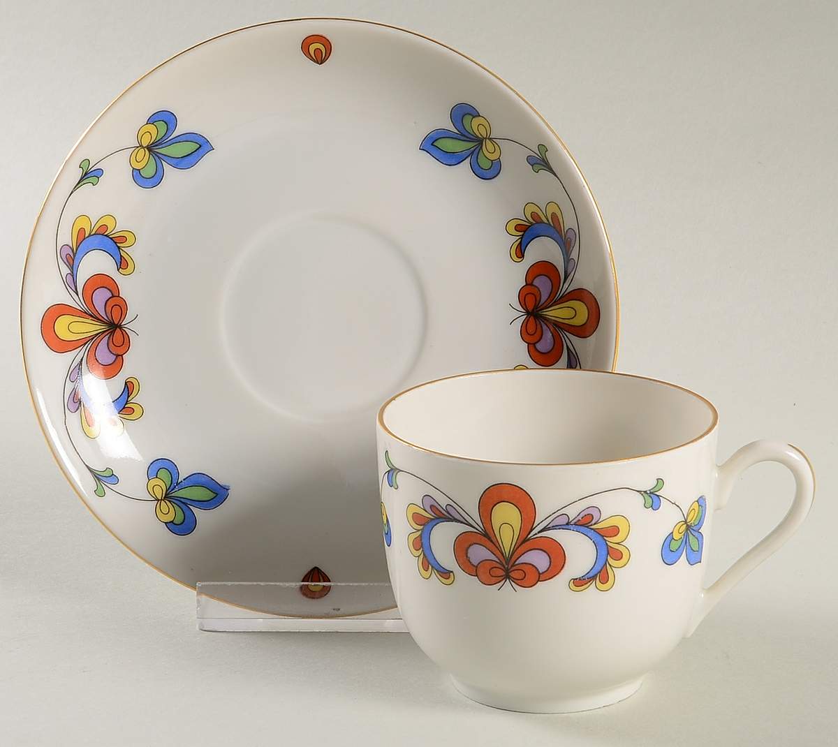 Farmer's Rose (Rim, Gold Trim) Footed Cup & Saucer Set by Porsgrund-1