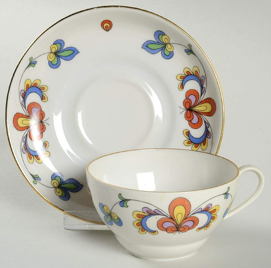 Farmer's Rose (Rim, Gold Trim) Flat Cup & Saucer Set by Porsgrund-1