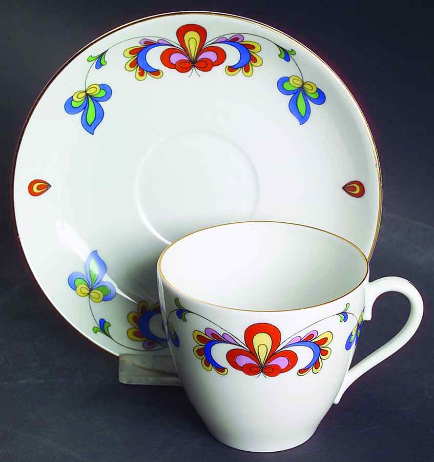 Farmer's Rose (Rim, Gold Trim) Flat Cup & Saucer Set by Porsgrund-1
