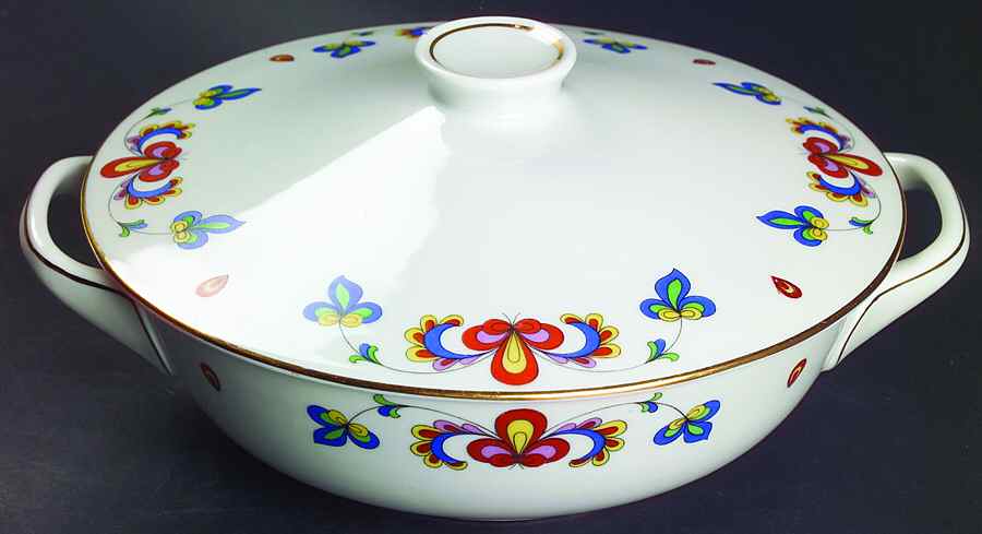Farmer's Rose (Rim, Gold Trim) Round Covered Vegetable by Porsgrund-1