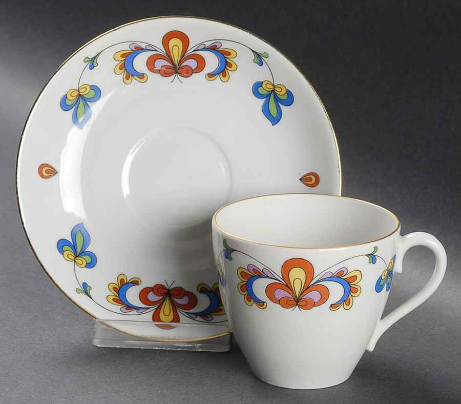 Farmer's Rose (Rim, Gold Trim) Footed Demitasse Cup & Saucer Set by Porsgrund-1