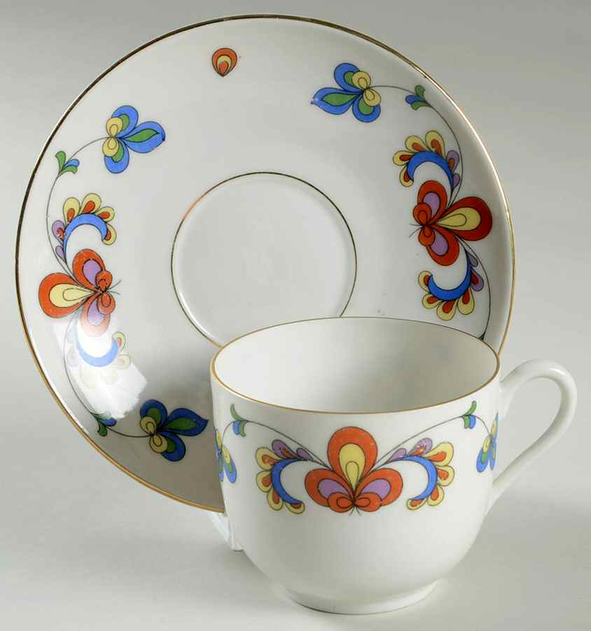 Farmer's Rose (Rim, Gold Trim) Footed Cup & Saucer Set by Porsgrund-1