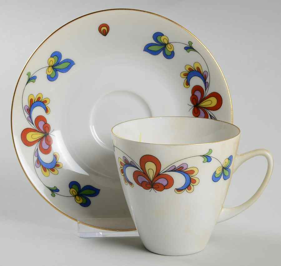 Farmer's Rose (Rim, Gold Trim) Flat Cup & Saucer Set by Porsgrund-1