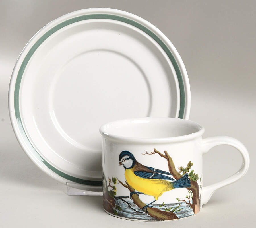 Birds of Britain Drum Flat Cup & Saucer Set with Green Band Saucer by Portmeirion-1