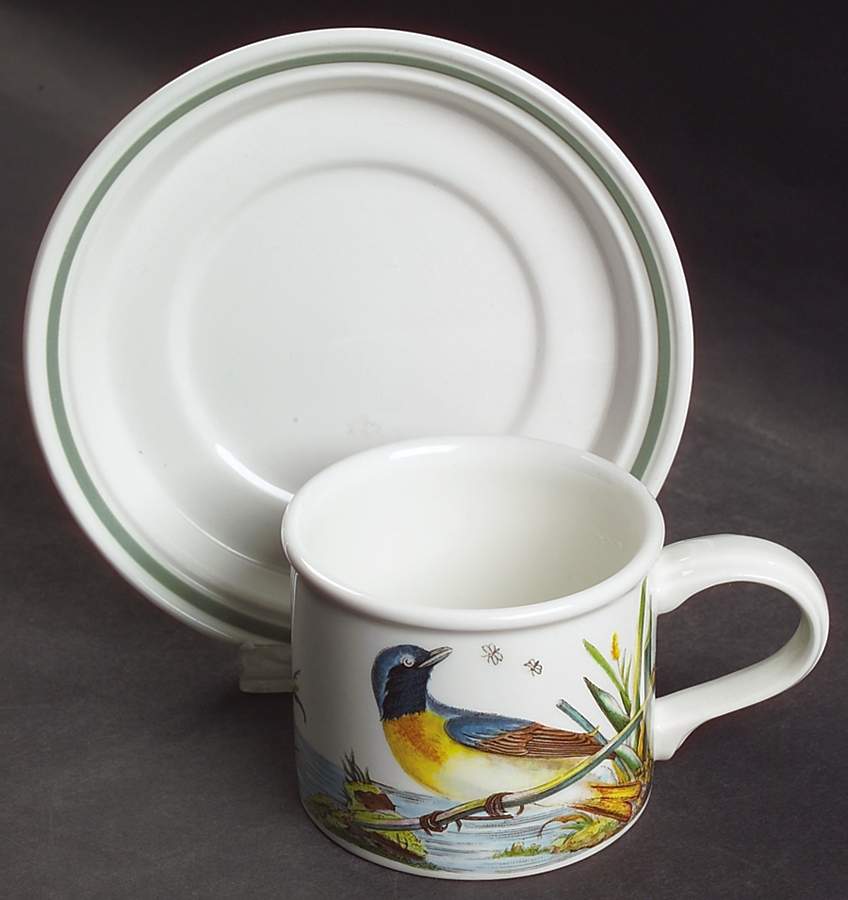 Birds of Britain Drum Flat Cup & Saucer Set with Green Band Saucer by Portmeirion-1