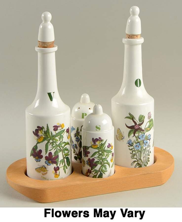 Botanic Garden Vinegar, Oil, Salt, Pepper & Wood Tray Set by Portmeirion-1