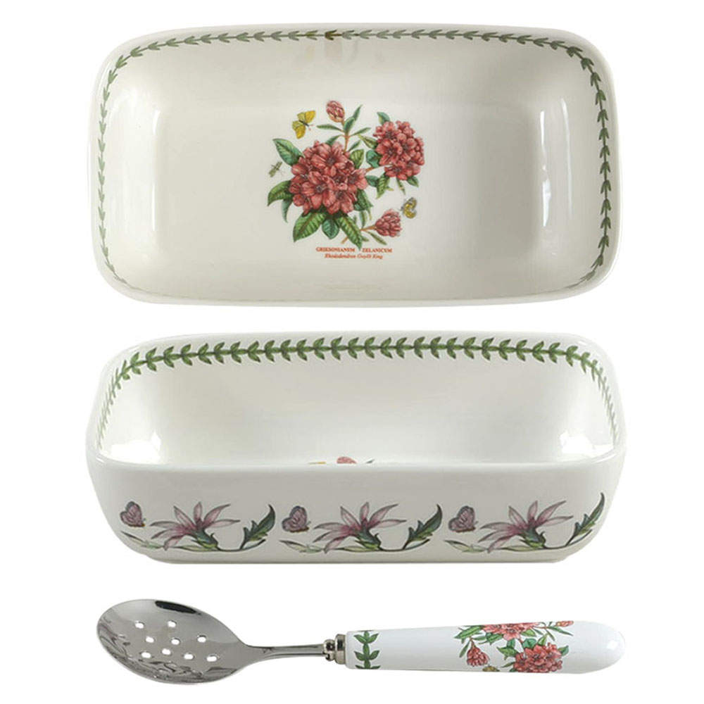 Botanic Garden Rectangular Cranberry Bowl & Stnl Ceramic Server by Portmeirion-1