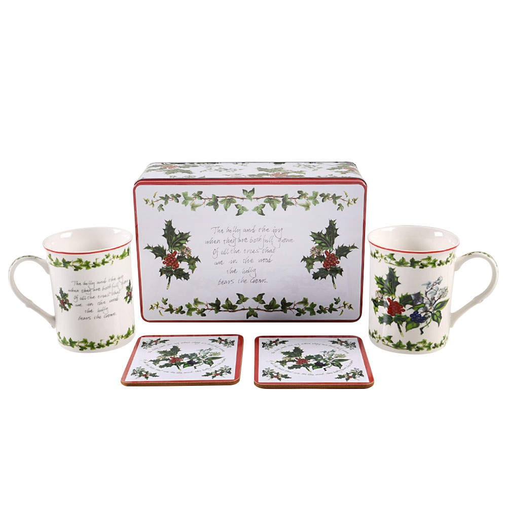 The Holly and The Ivy 5 Piece Mug and Coaster Set with Tin by Portmeirion-1