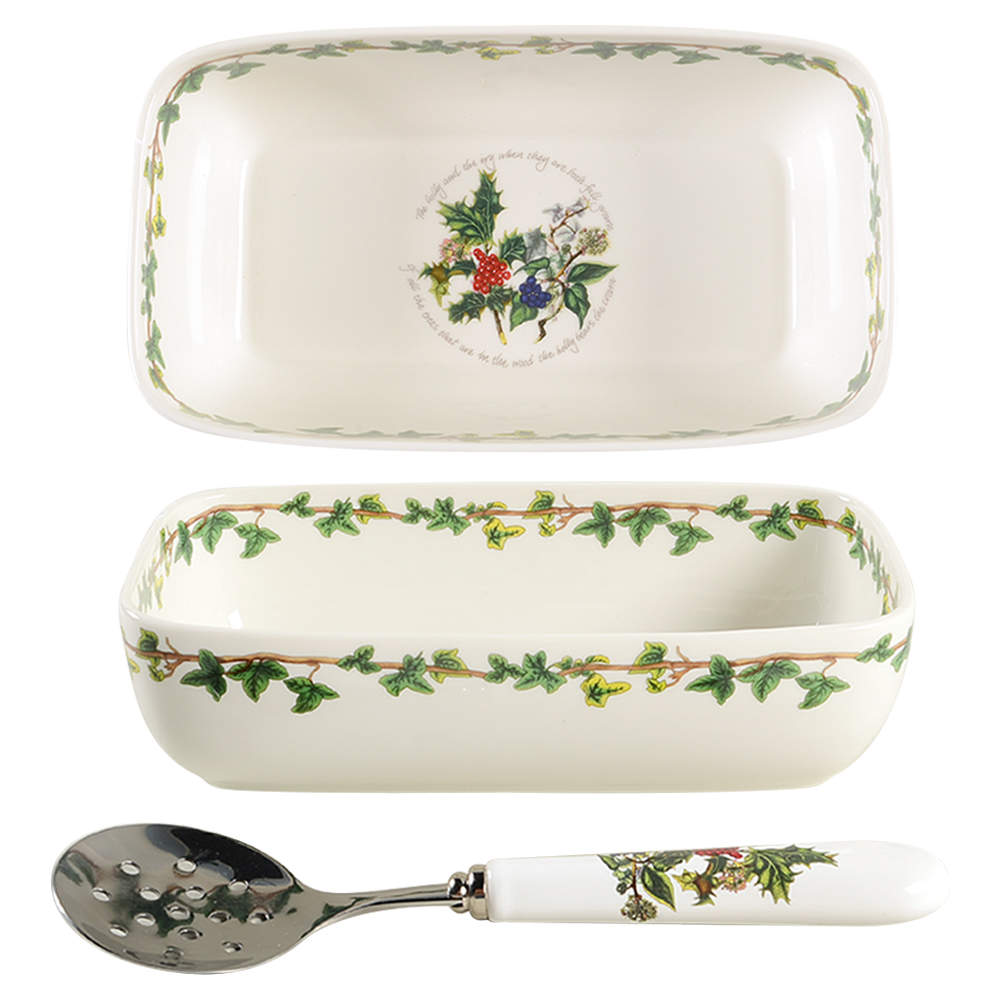 The Holly and The Ivy Rectangular Cranberry Bowl & Stnl Ceramic Server by Portmeirion-1