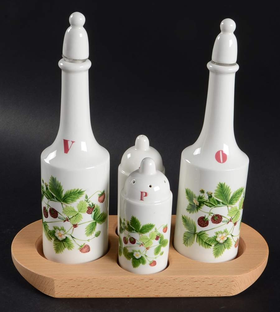 Summer Strawberries Vinegar, Oil, Salt, Pepper & Wood Tray Set by Portmeirion-1