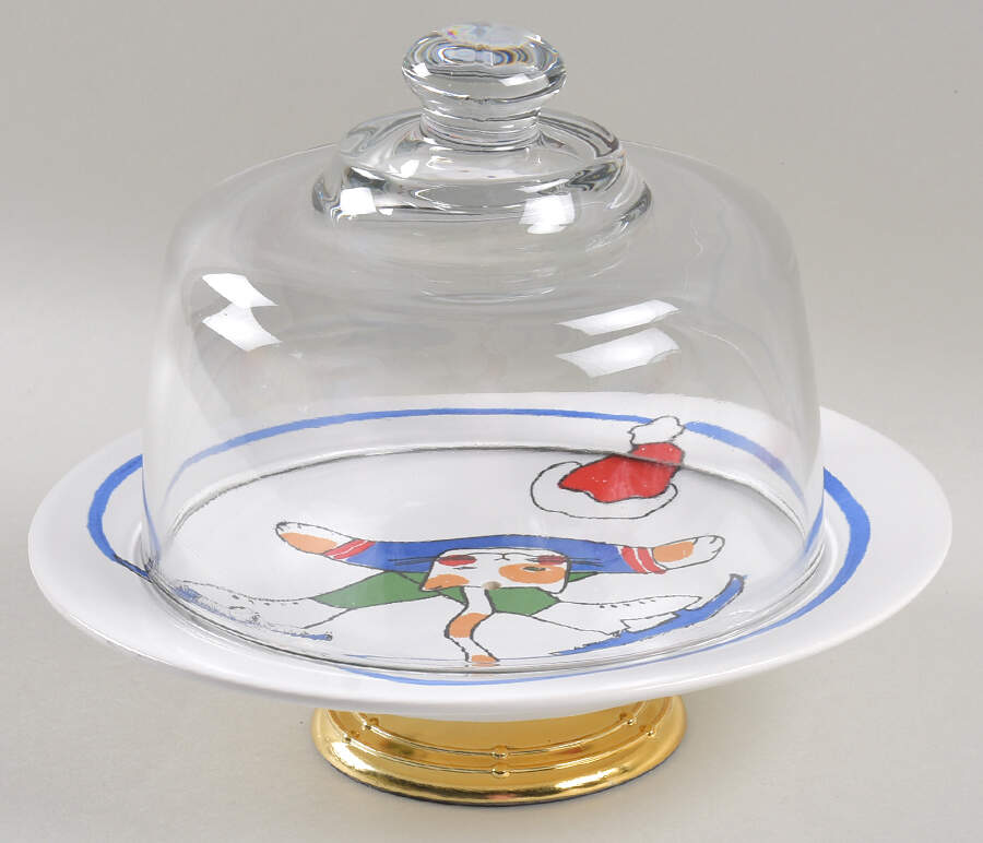 Feline Festivities 6 1/2"-7 1/2" Footed Cheese Plate w/ Glass Dome HC by Porta-1