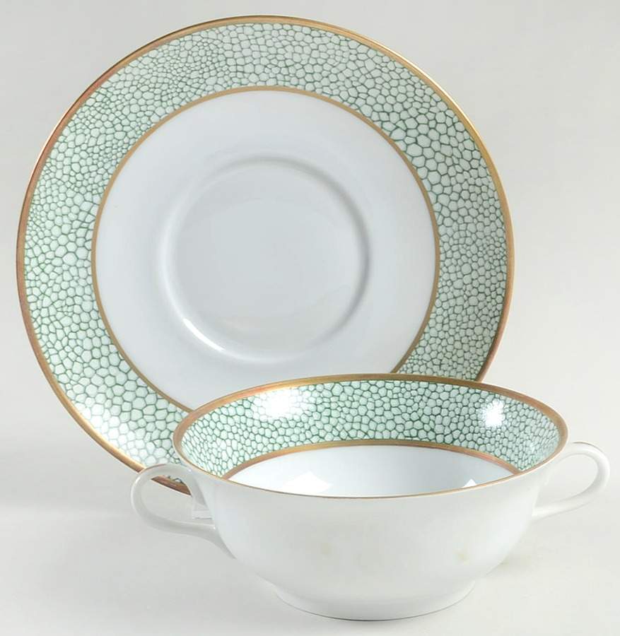 Galuchat Green Flat Cream Soup Bowl & Saucer Set by Puiforcat-1