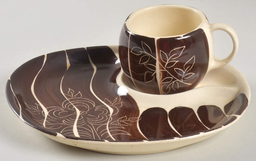 Intaglio Brown Snack Plate & Cup Set by Purinton-1