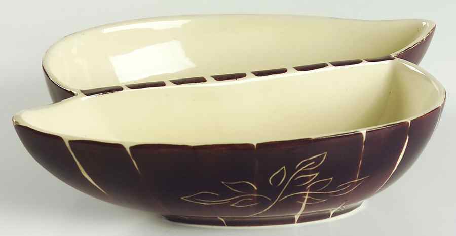 Intaglio Brown 9" Oval Divided Vegetable Bowl by Purinton-1