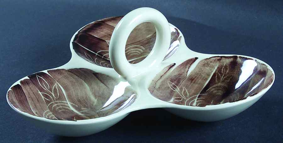 Intaglio Brown 3-Part Relish with Center Ceramic Handle by Purinton-1
