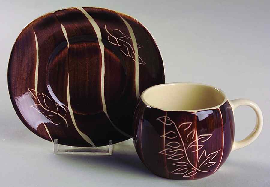 Intaglio Brown Flat Cup & Saucer Set by Purinton-1