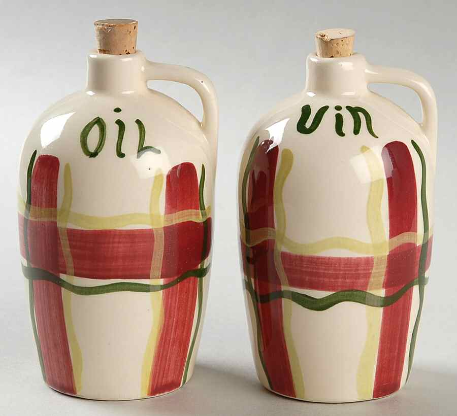 Normandy Plaid Handled Vinegar and Oil with Cork Stoppers by Purinton-1