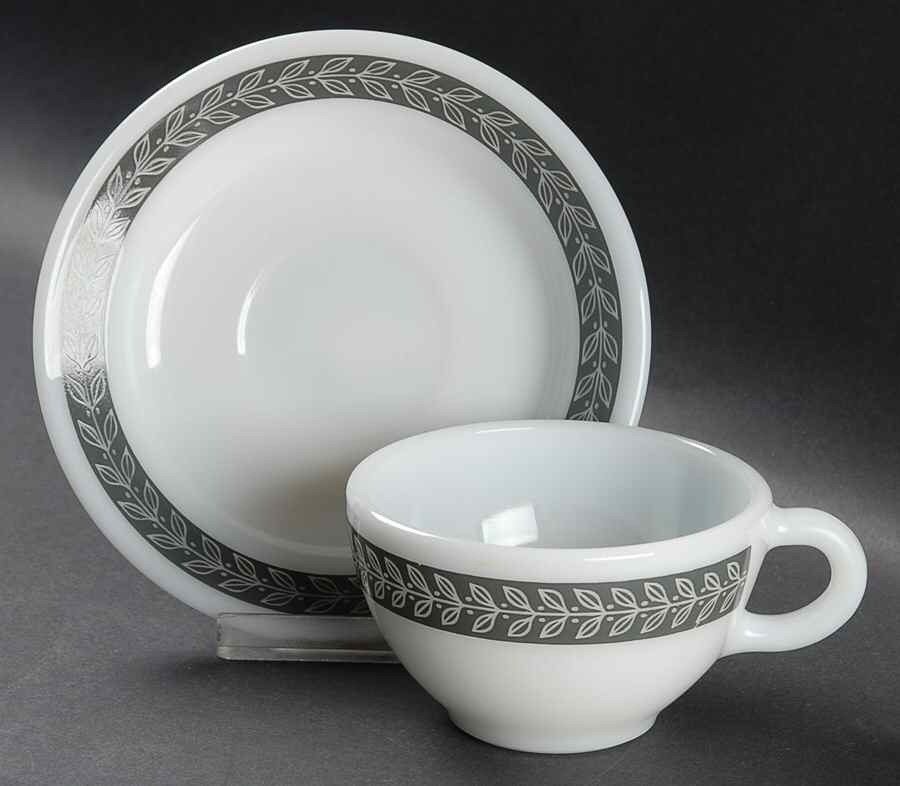 Autumn Bands Gray Flat Cup & Saucer Set by Pyrex-1