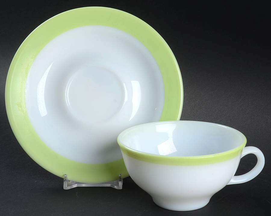 Green Flat Cup & Saucer Set by Pyrex-1