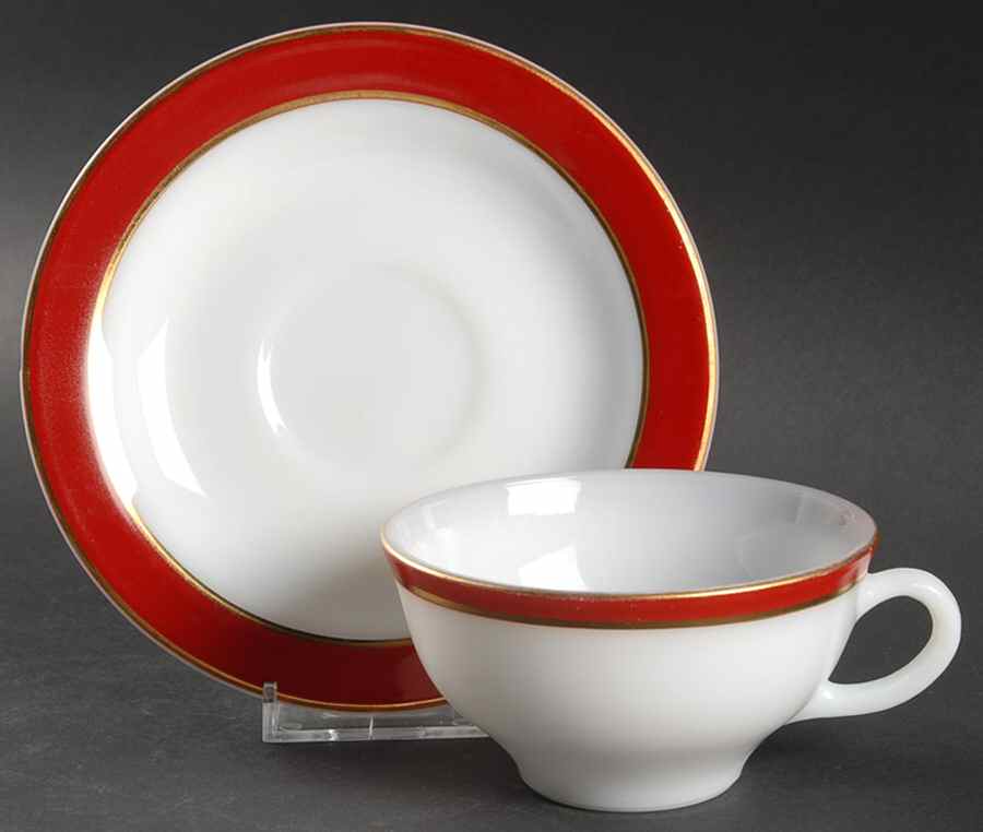 Maroon Gold Flat Cup & Saucer Set by Pyrex-1