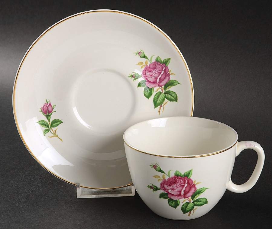 Old Rose (Preview, Bone Ash Glaze) Flat Cup & Saucer Set by Paden City-1