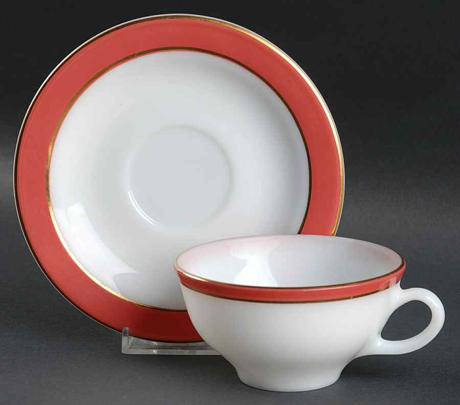 Red Gold Flat Cup & Saucer Set by Pyrex-1