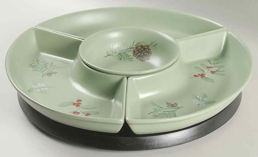 Winterwood Green (5 Pc) Lazy Susan (3 Sides, 1 Center & Wood Base) by Pfaltzgraff-1