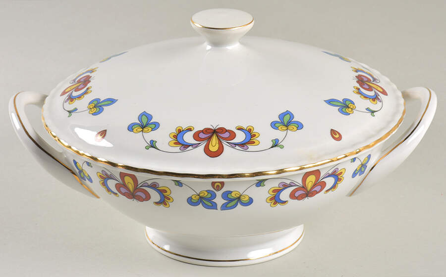 Farmer's Rose (Scalloped, Gold Trim) Round Covered Vegetable by Porsgrund-1