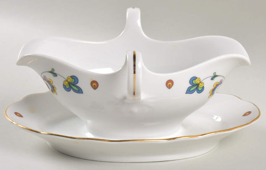 Farmer's Rose (Scalloped, Gold Trim) Gravy Boat with Attached Underplate by Porsgrund-1