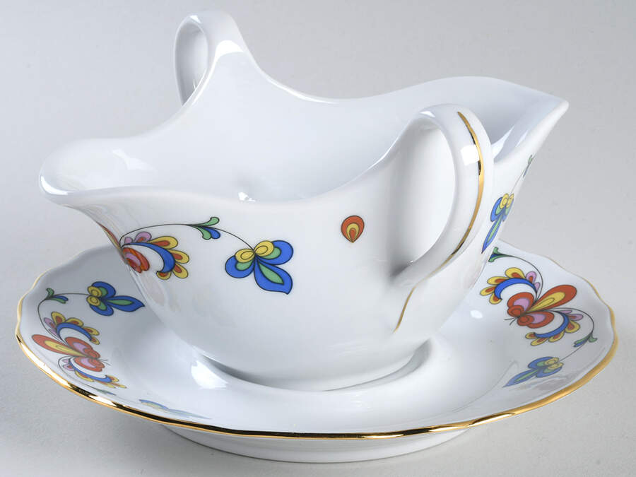 Farmer's Rose (Scalloped, Gold Trim) Gravy Boat & Underplate by Porsgrund-1