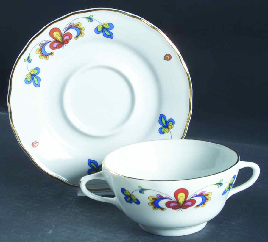 Farmer's Rose (Scalloped, Gold Trim) Footed Cream Soup Bowl & Saucer Set by Porsgrund-1