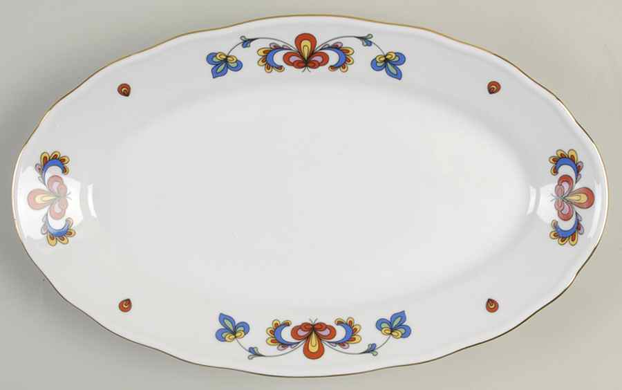 Farmer's Rose (Scalloped, Gold Trim) 12" Oval Serving Platter by Porsgrund-1