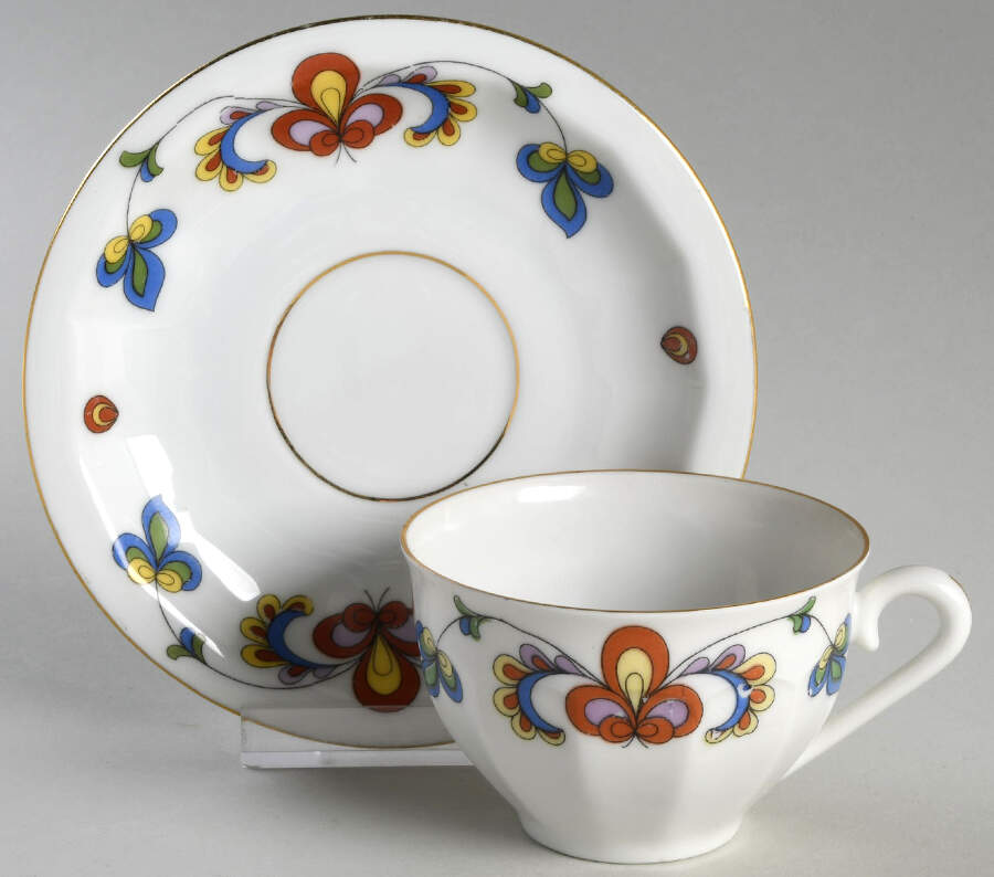 Farmer's Rose (Ribbed, Gold Trim) Footed Cup & Saucer Set by Porsgrund-1