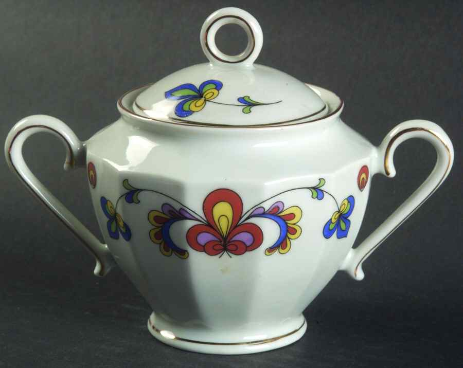 Farmer's Rose (Ribbed, Gold Trim) Sugar Bowl & Lid by Porsgrund-1