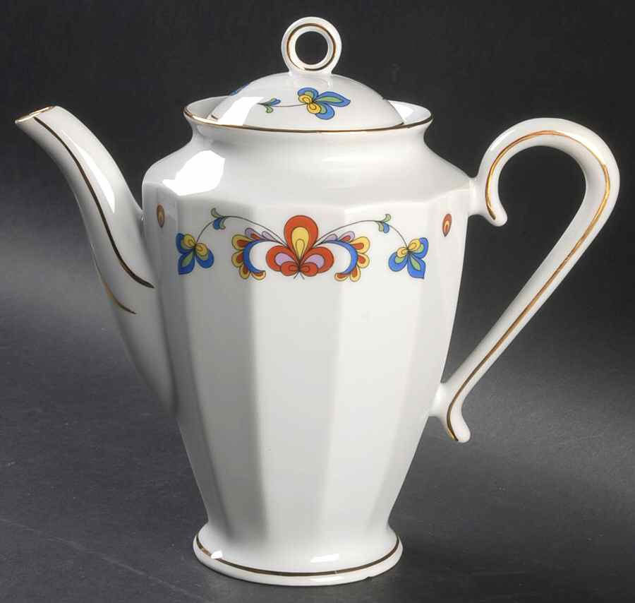 Farmer's Rose (Ribbed, Gold Trim) Coffee Pot & Lid by Porsgrund-1
